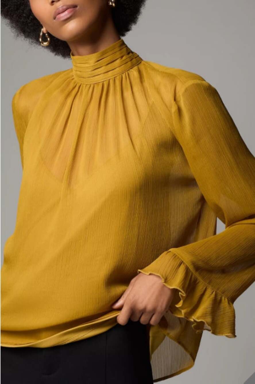 Anthropologie NEW Earthy Yellow Crinkle Chiffon High-Neck Sheer Blouse Small